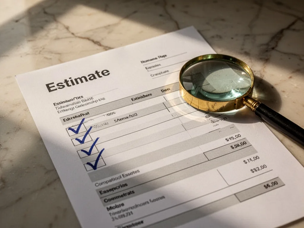 A close-up of a printed estimate document with four handwritten checkmarks in blue ink, a magnifying glass resting on th