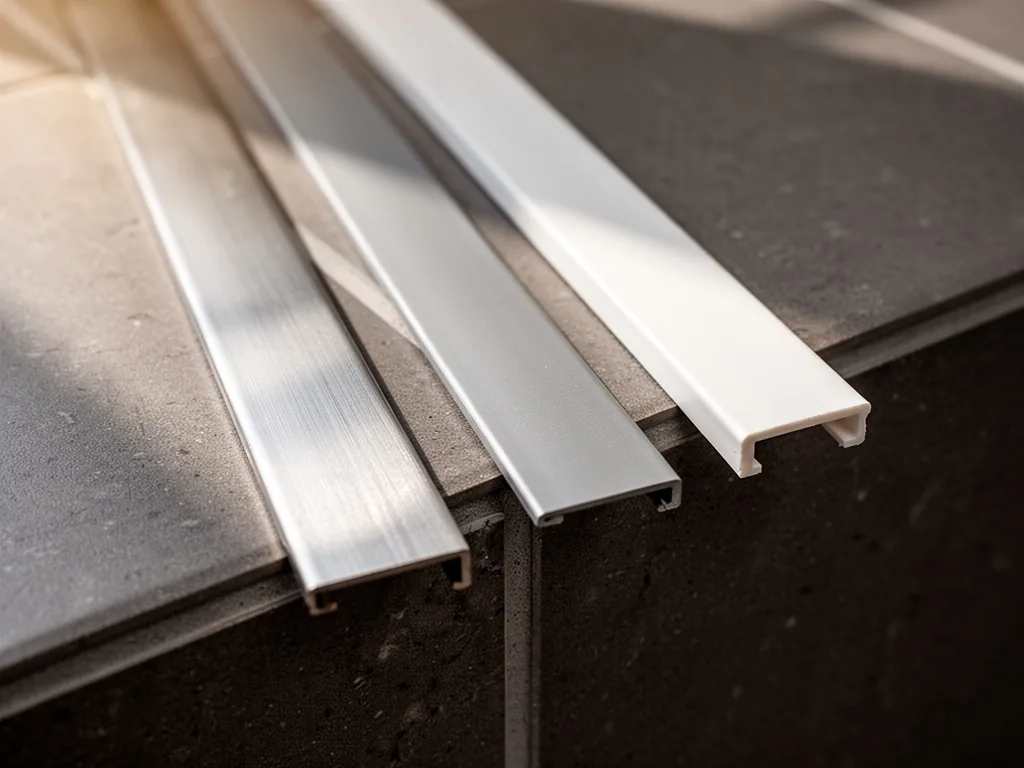 Three trim strips, brushed stainless steel, matte aluminum, and white PVC, resting side by side on a dark ceramic tile e