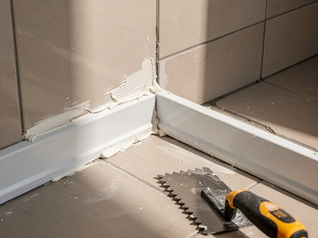 A white PVC corner trim being pressed onto a ceramic tile corner, fresh adhesive visible on the edges, midday bright lig