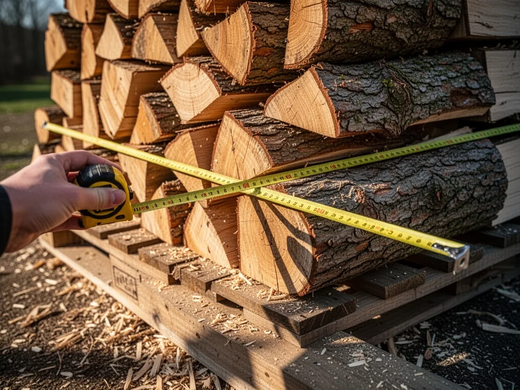 A hand holding a yellow tape measure stretched across a stack of split logs on a wooden pallet, morning sunlight casting