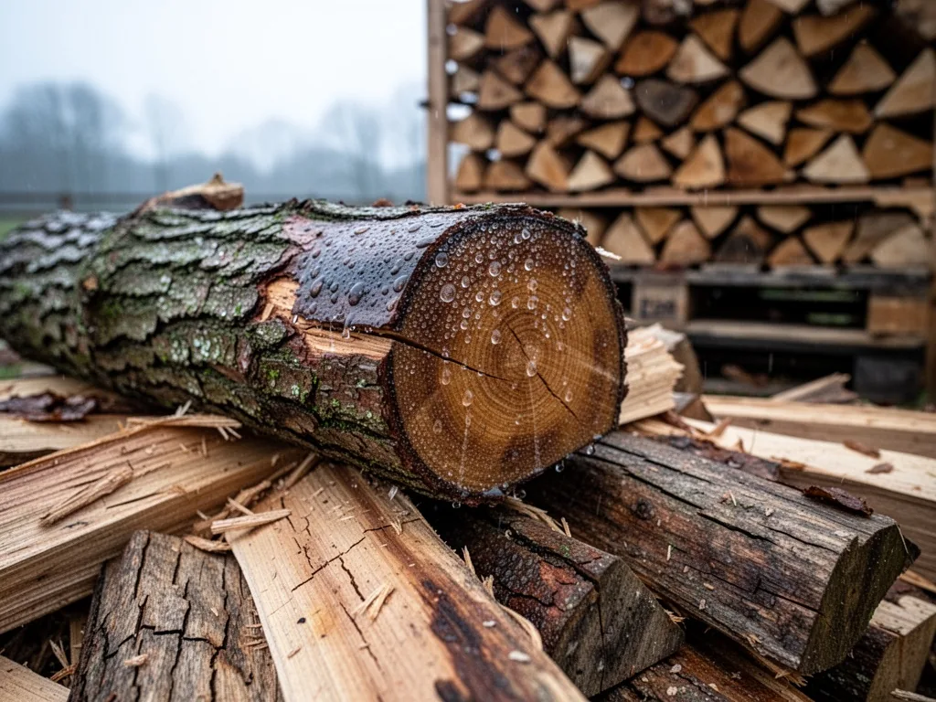 A freshly split log with glistening moisture on its cut end, resting on a pile of dry cracked firewood, soft overcast li