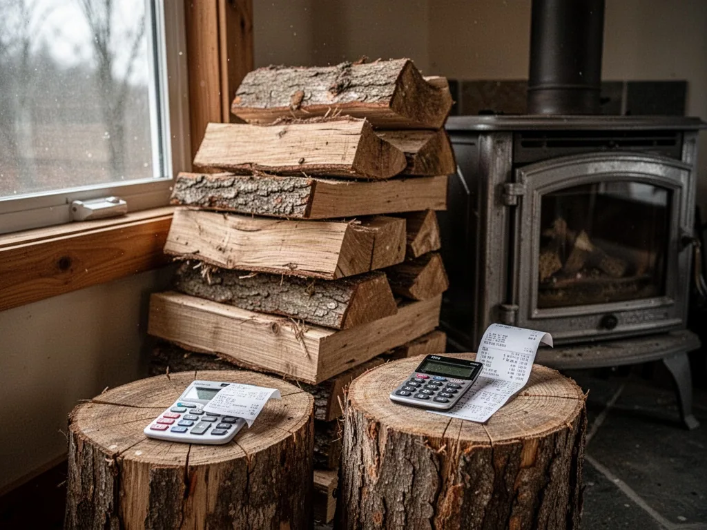 A neat stack of split oak logs beside a metal wood stove, a small calculator and a receipt on a nearby log, overcast day