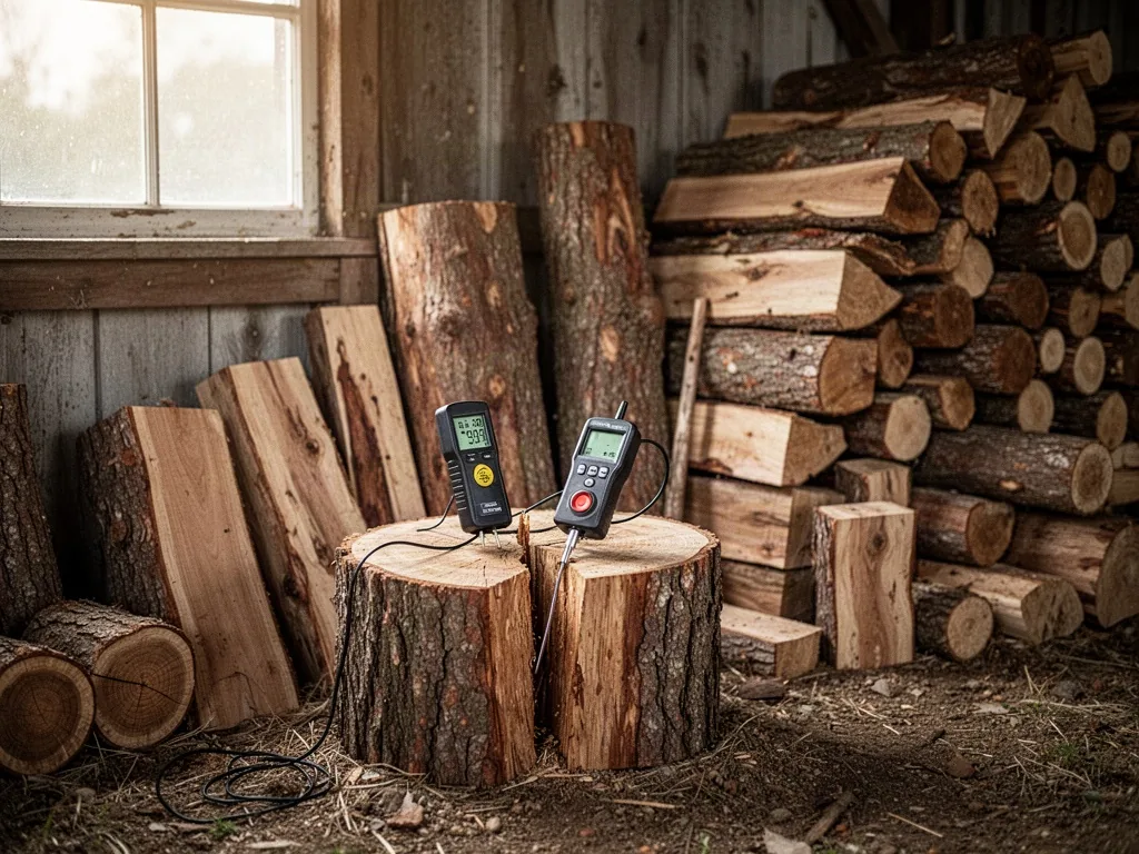 A moisture meter probing a split log, various wood types and lengths stacked against a barn wall, soft natural light
