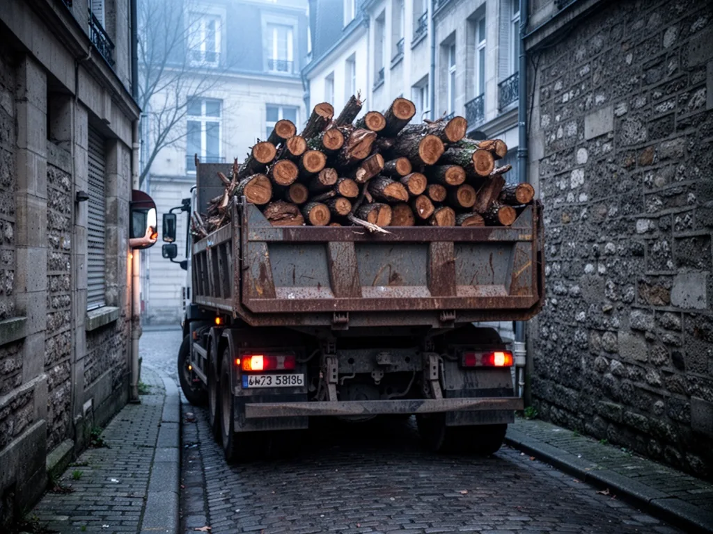 A dump truck overloaded with split logs parked on a narrow cobblestone street in Rouen, its side mirror nearly touching