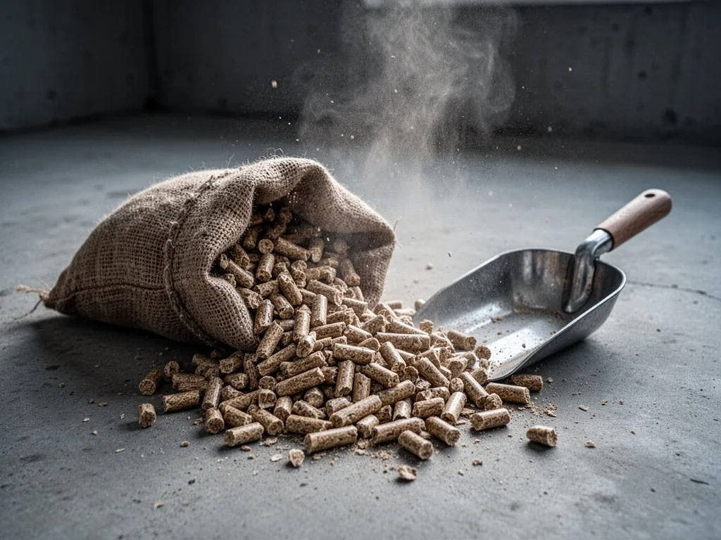 Compressed wood pellets spilling from a burlap sack onto a clean concrete floor, a metal scoop resting beside, fine dust
