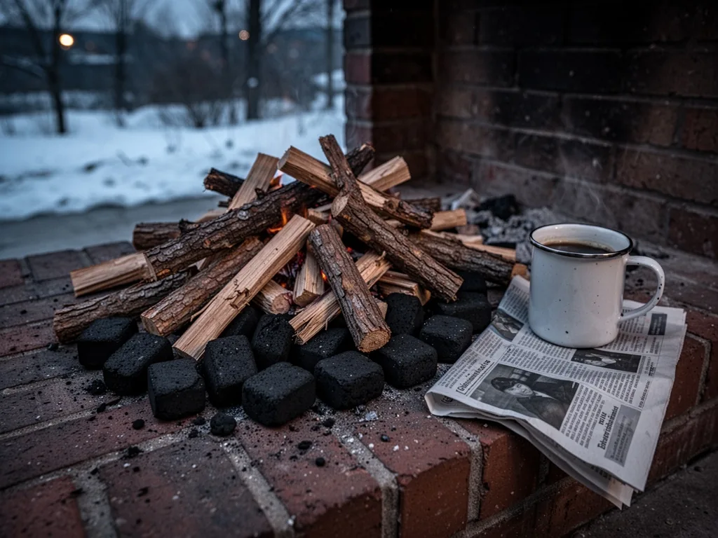 A jumbled pile of fire starters, small bûchettes, and charcoal briquettes on a brick hearth, a half-empty coffee mug and