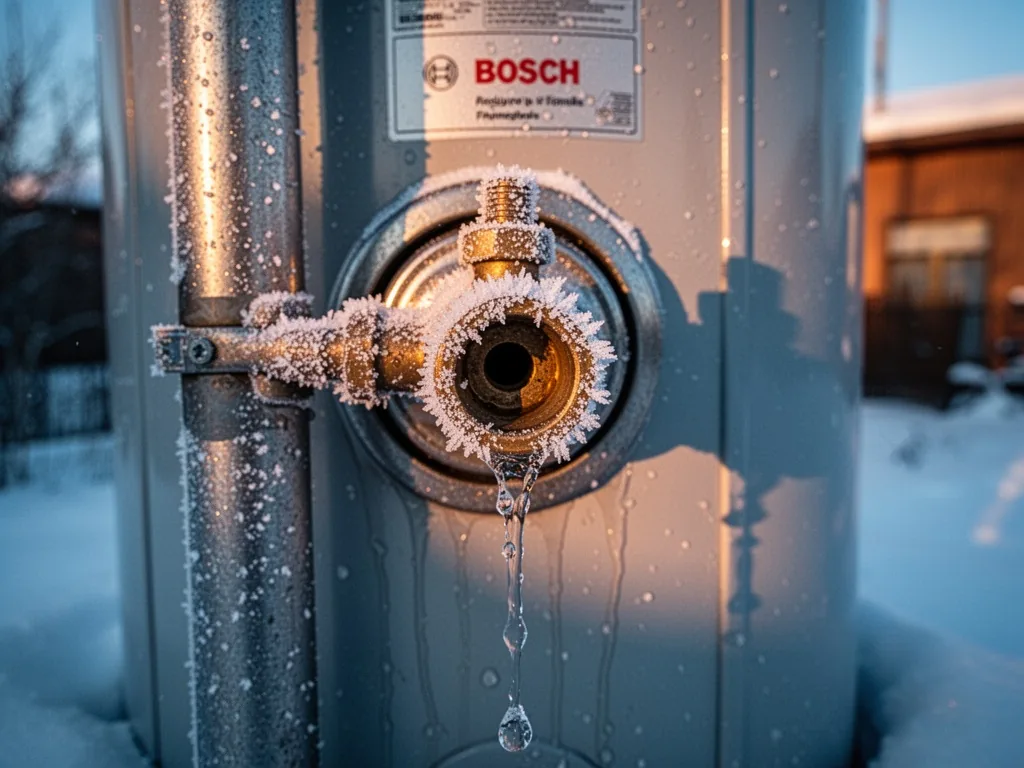 A frost-covered drain valve on a Bosch water heater, a trickle of melting water, early morning sunlight, cold metallic t