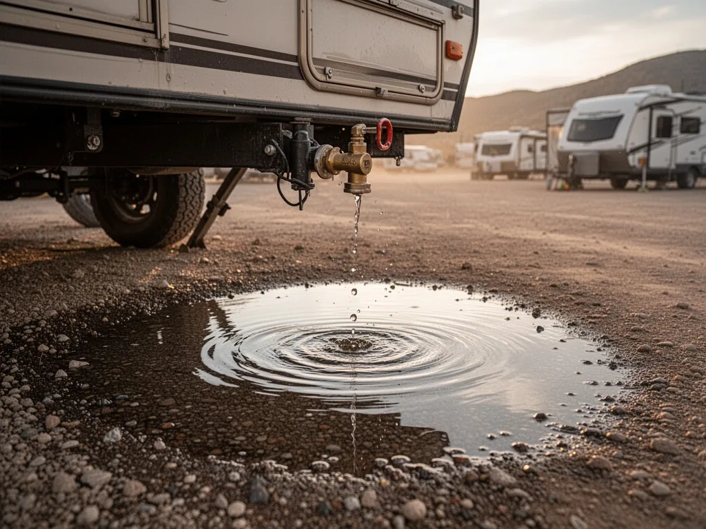 A clear puddle spreading on gravel under a recreational vehicle, safety valve dripping water, late afternoon sunlight, d