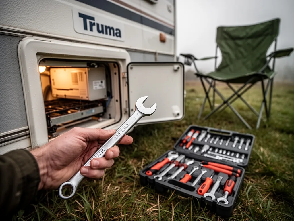 A hand holding a wrench near an open Truma heater panel, toolkit on grass, camping chair in background, soft overcast da