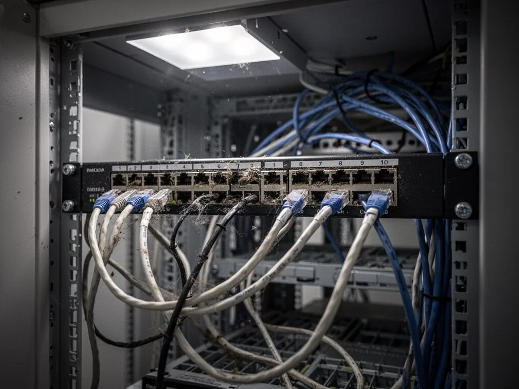 A forgotten patch panel with missing cable ties and dusty ports, loose Cat6 cables tangling, harsh overhead light, empty