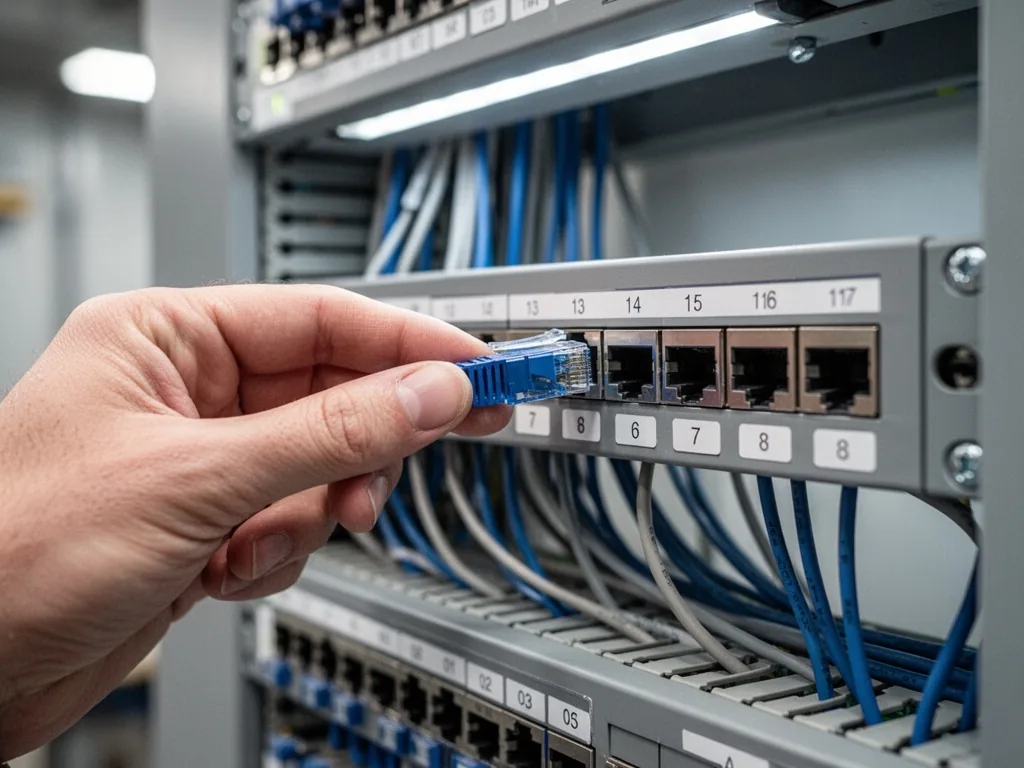 A hand inserting a blue RJ45 connector into a patch panel port, numbered ports visible, neatly routed cables in a horizo