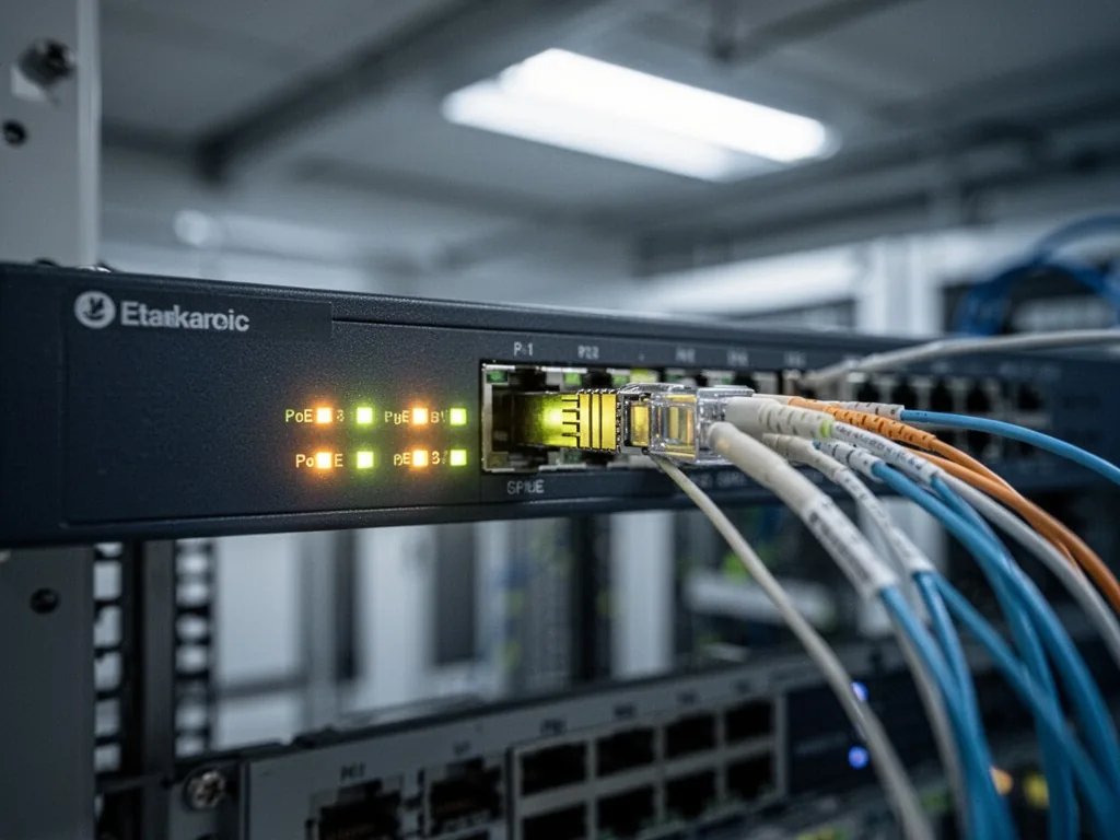 A network switch with glowing PoE LEDs and a fiber optic patch cable plugged into an SFP transceiver, shallow depth of f