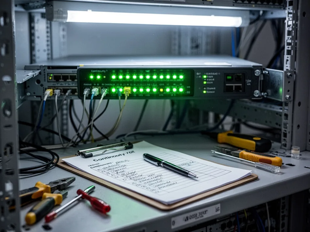 A cable tester display showing glowing green continuity lights, a clipboard with a checklist and pen, server rack shelf,