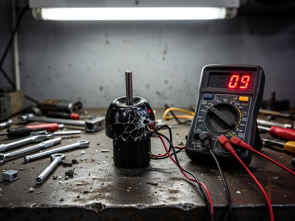A cracked black temperature sensor with exposed wires next to a multimeter glowing a red error symbol, scattered tools o