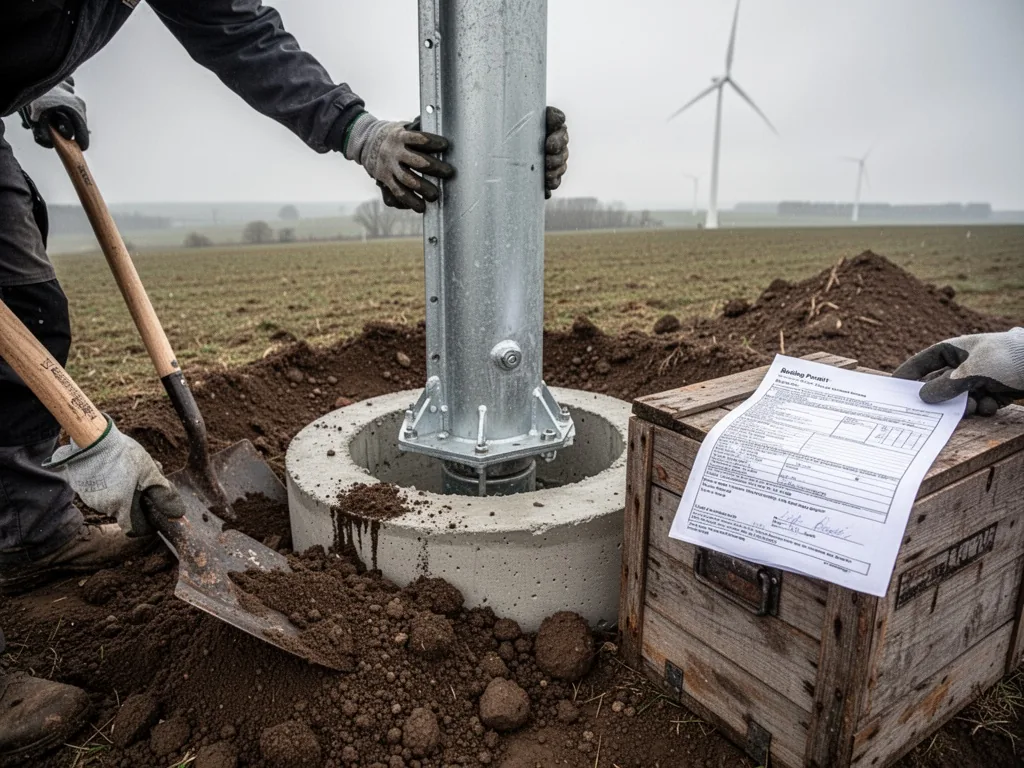 A steel wind turbine mast being lowered into a concrete base by gloved hands, a shovel and fresh soil nearby, a building