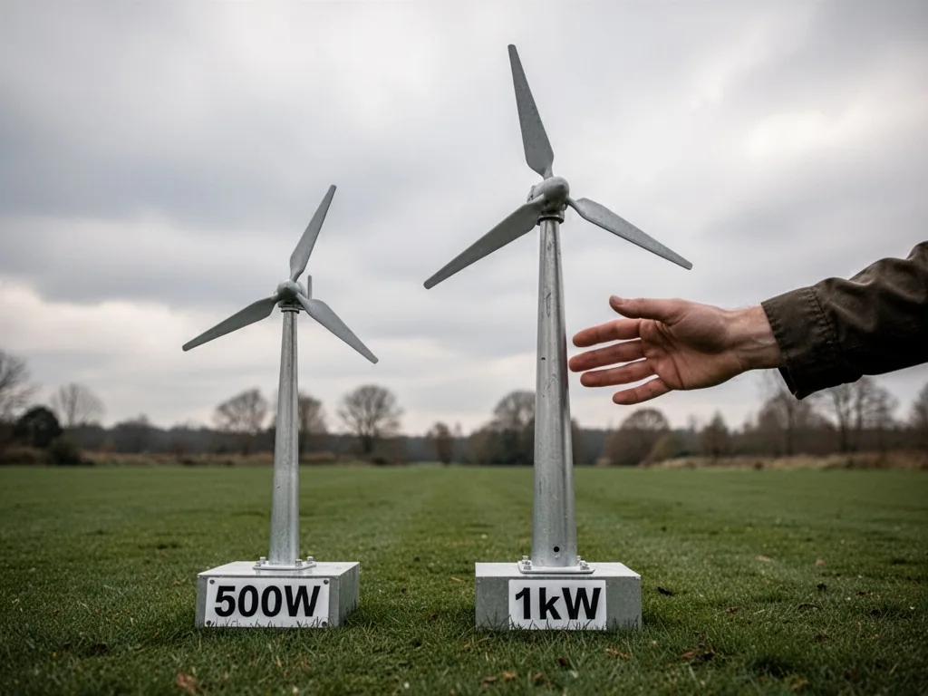 Two small wind turbines side by side on a green lawn, one labeled 500W and the other 1kW, a hand reaching toward the lar