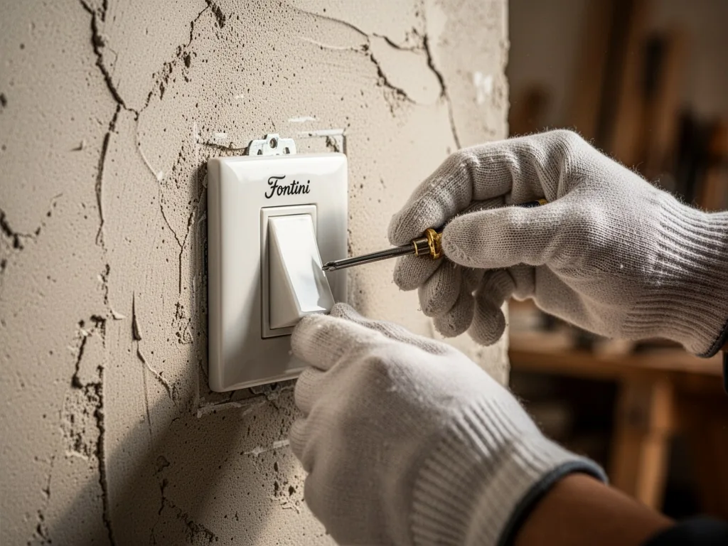 A gloved hand gently installing a white porcelain Fontini switch onto a plaster wall using a screwdriver, warm workshop