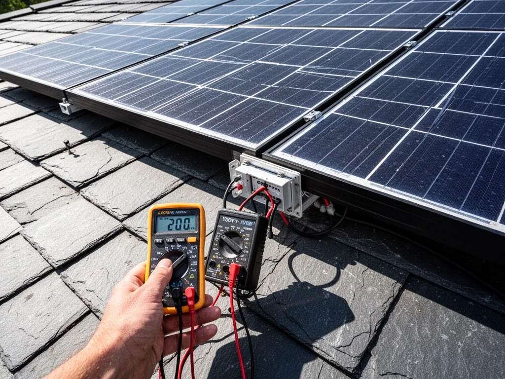 A 700W solar panel on a tiled roof, a hand holding a digital multimeter near its junction box, bright midday sun casting