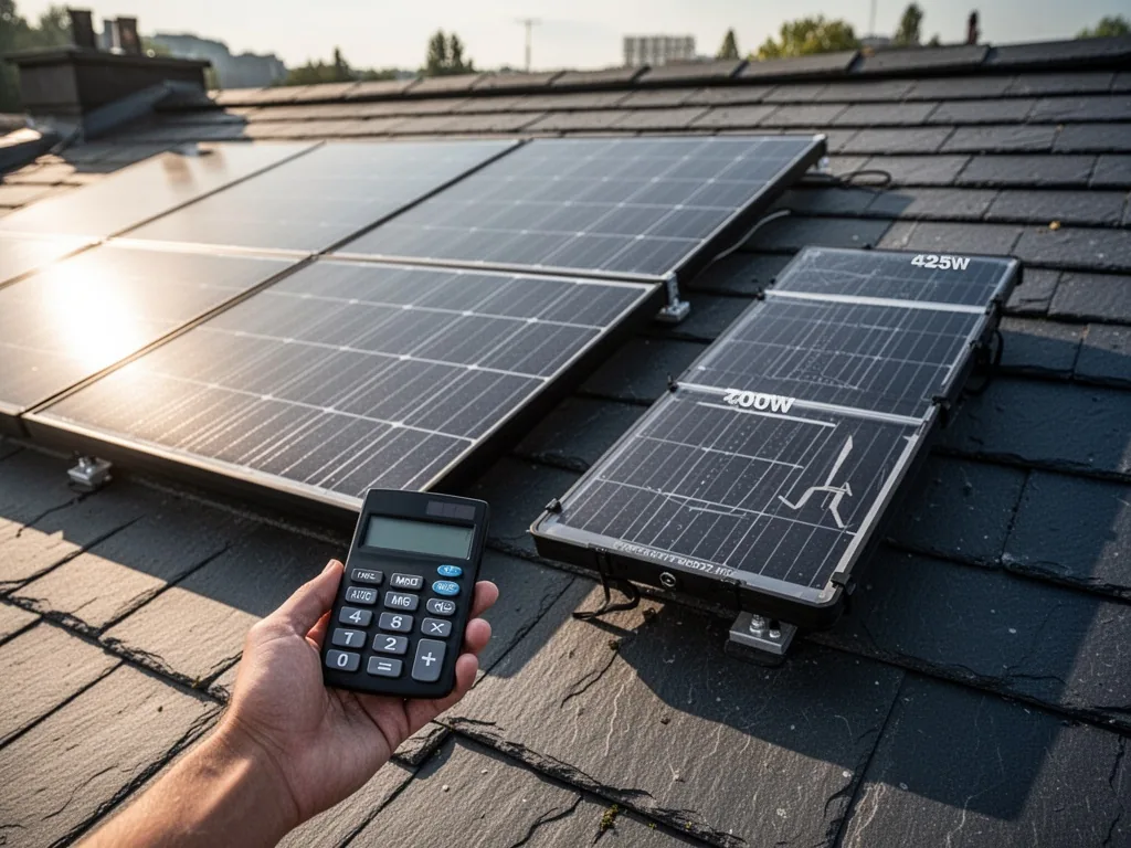 A rooftop with a large 700W panel beside a compact 425W panel, a hand holding a calculator, soft afternoon light, shallo
