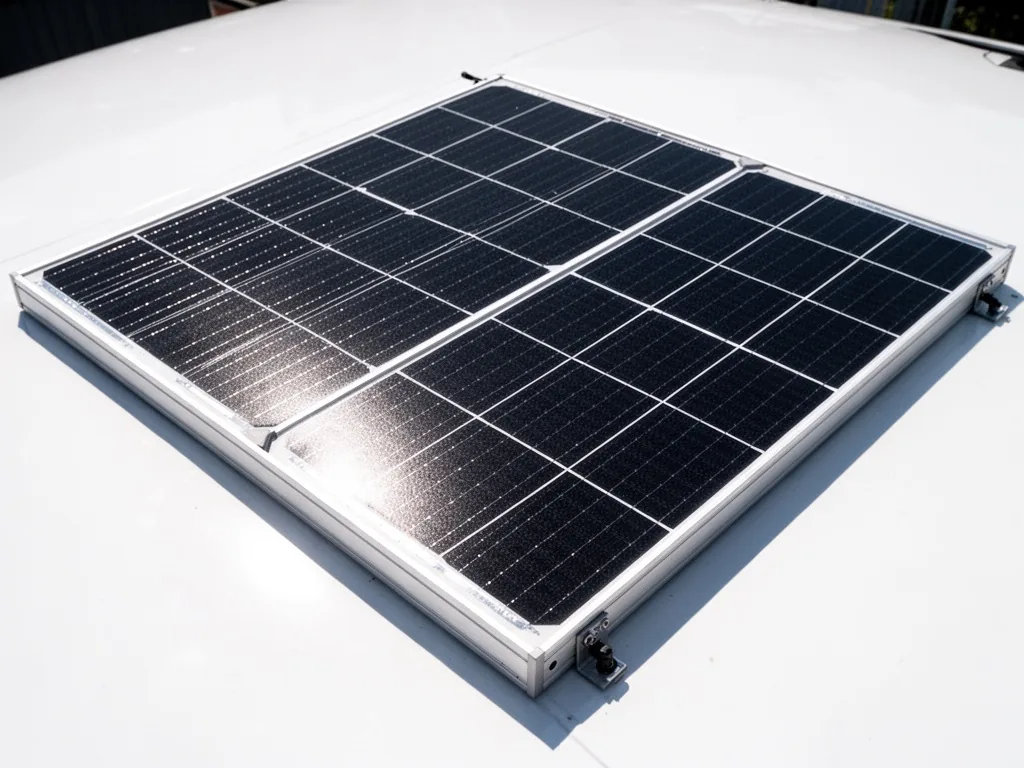 A SunPower SPR-P7-500-BLK solar panel laid flat on a white surface, its dark blue cells and silver grid under harsh midd
