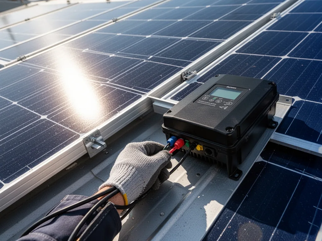 An installer's gloved hand connecting a cable to a black inverter near a bifacial solar panel mounted on a tilted roof
