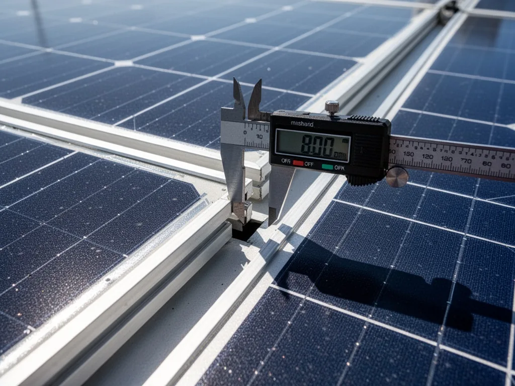 A digital caliper measuring a small gap between two solar panel frames on a roof, sharp shadows indicating precise align