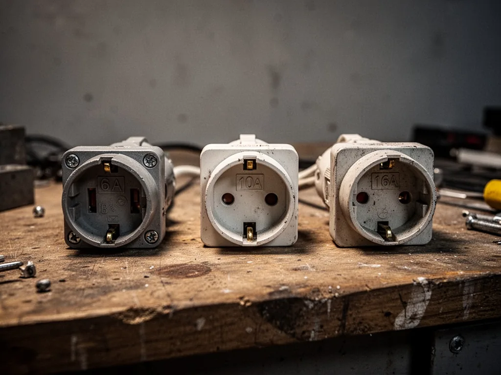 Three electrical plugs with amperage labels 6A, 10A, 16A lying side by side on a wooden workbench, soft shadows, grey ba