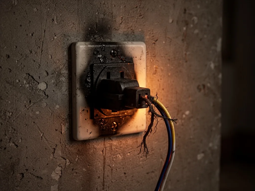 A wall socket with blackened plastic face and frayed wire near the plug, warm amber glow indicating overheating, texture