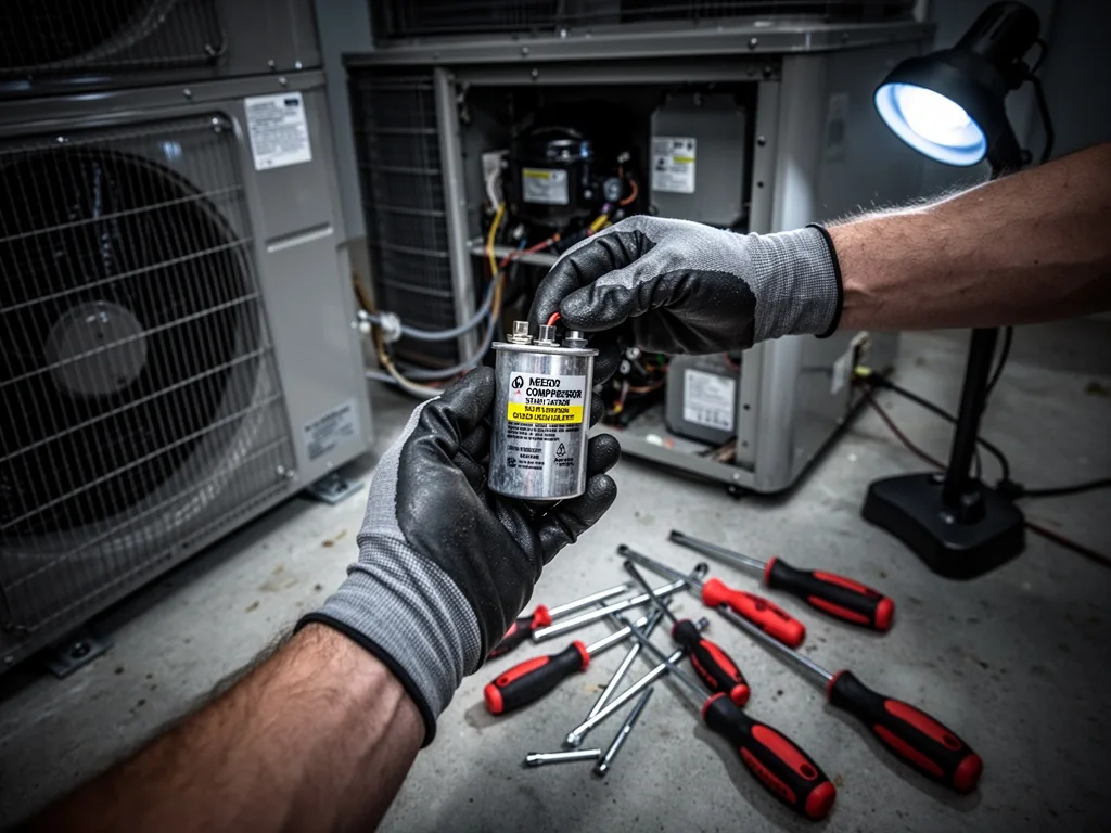 A technician's gloved hand holding a new compressor start capacitor above an open heat pump panel, scattered screwdriver