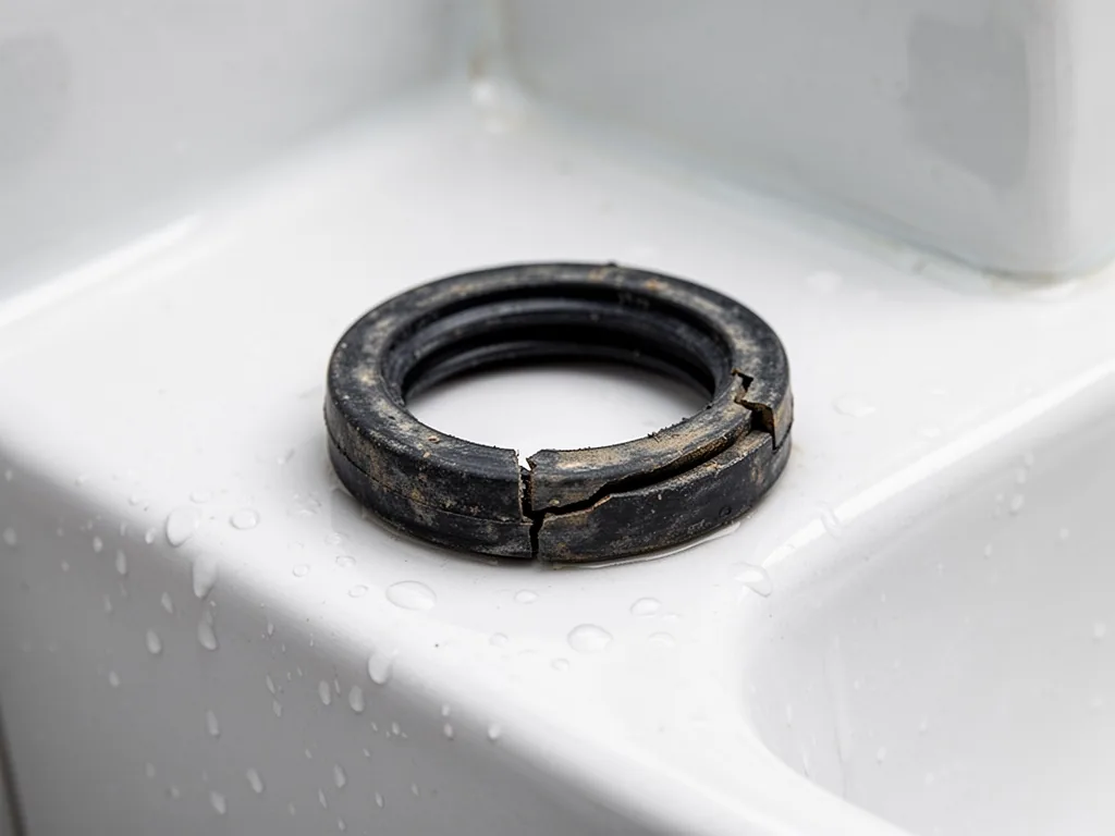A worn rubber valve seal with a cracked edge, resting on a white porcelain surface, tiny water droplets clinging nearby,