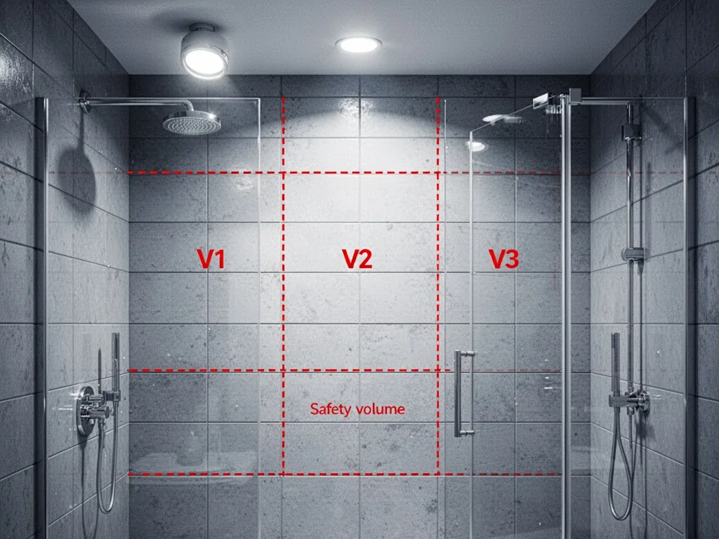 A tiled bathroom wall with three safety volume zones indicated by red dashed lines and labels V1 V2 V3, a recessed spotl