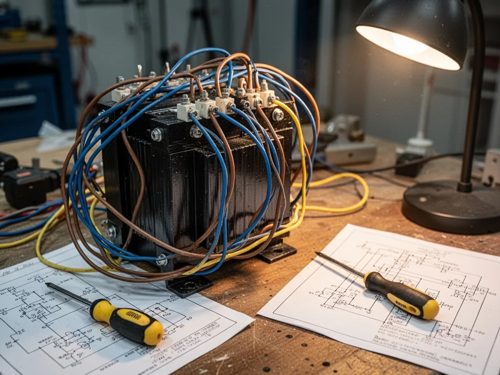 A black electrical transformer with tangled blue, brown, and yellow wires and a screwdriver on a wooden workbench next t