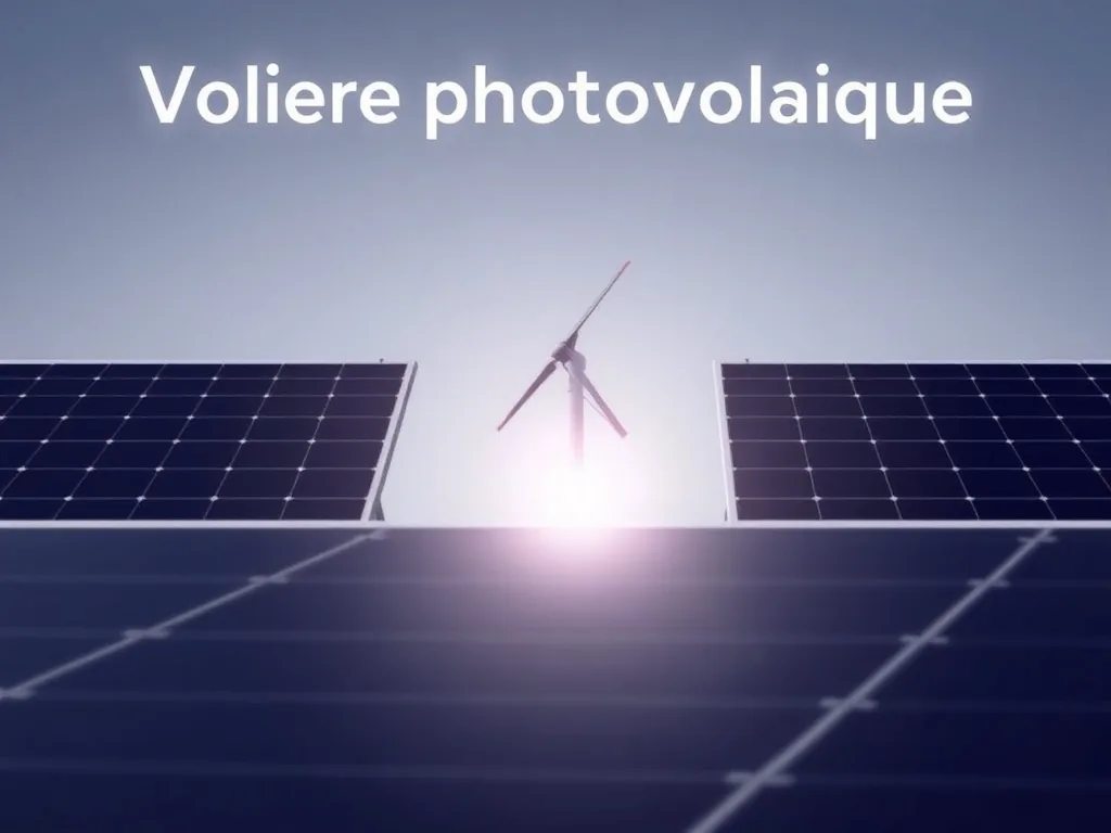 Vue aérienne d'une volière photovoltaïque avec panneaux solaires surélevés abritant des poules en plein air
